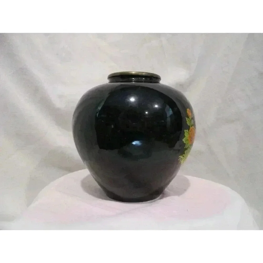 Vase, Black Lacquered Brass Vase with peacock and floral decoration‎